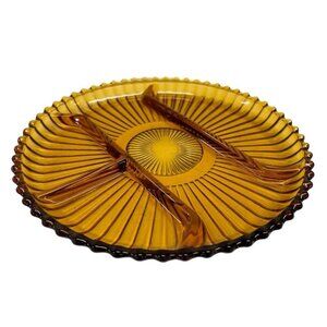 Indiana Glass Co Amber Glass Divided Relish Platter Plate Tray VINTAGE